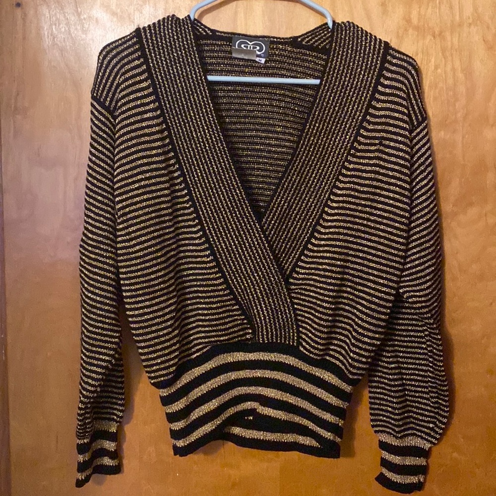 Vintage 70s 80s Gold Sparkle Glitter Disco NYE Holiday Sweater Striped Medium